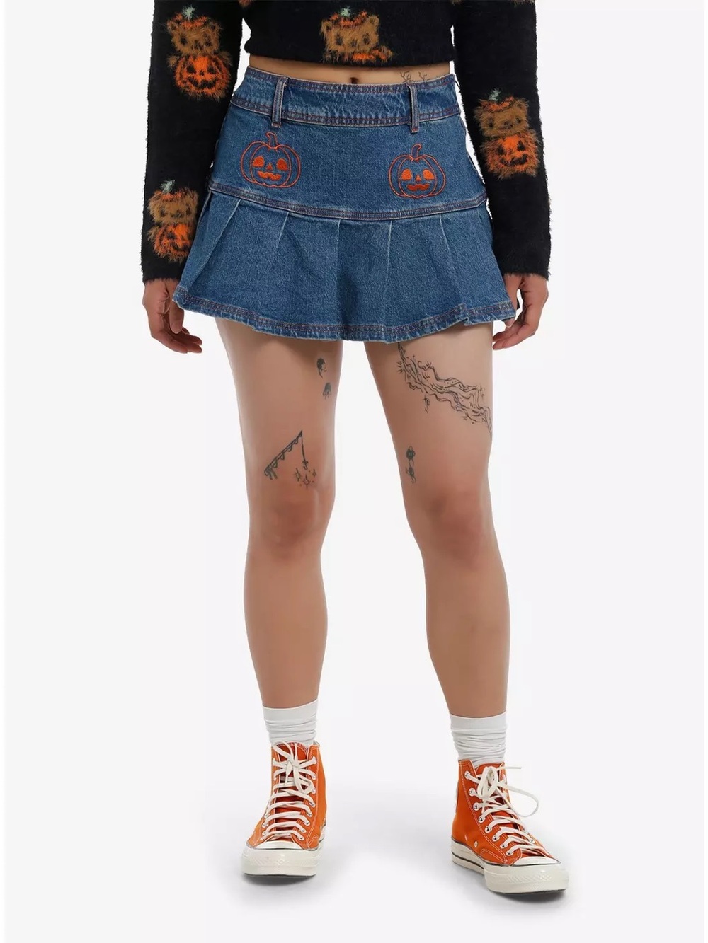 Sweet Society Halloween Jack-O'-Lantern Pleated Denim Skirt Small